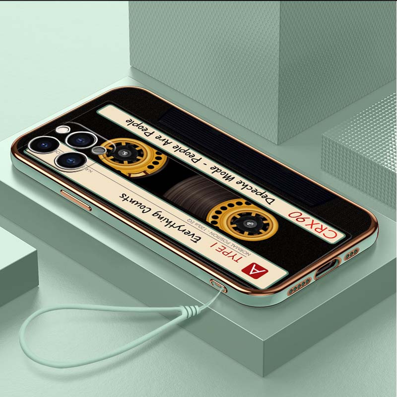 Luxury Plated TPU Phone Case With Lanyard for iPhone 6 6s 7 8 Plus XR XS 11 12 13 14 15 Pro Max Soft Cases A19 Original Retro Cassette Tape Art Cover