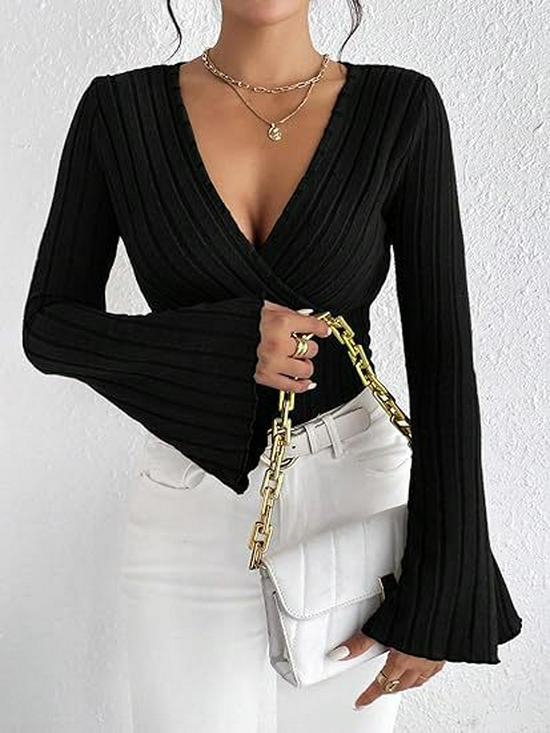 Women's V-Neck Ribbed Slim Long-Sleeve Autumn/Winter T-Shirt