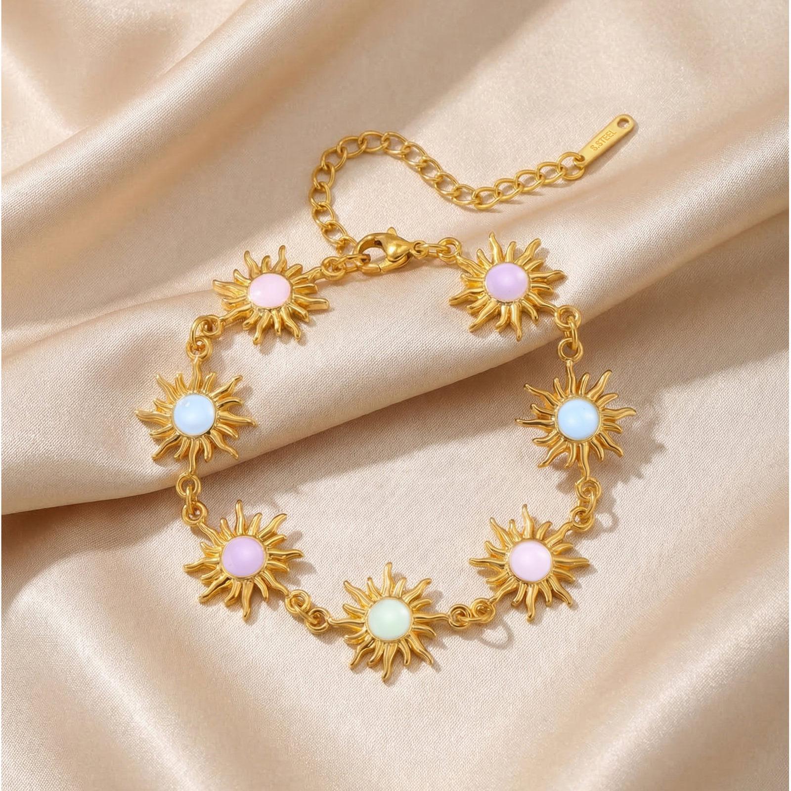 Chic Colorful Drip Oil Sun Chain Necklace Bracelet for Women, Stainless Steel Gold Plated Y-shaped Necklace, Fashion Jewelry