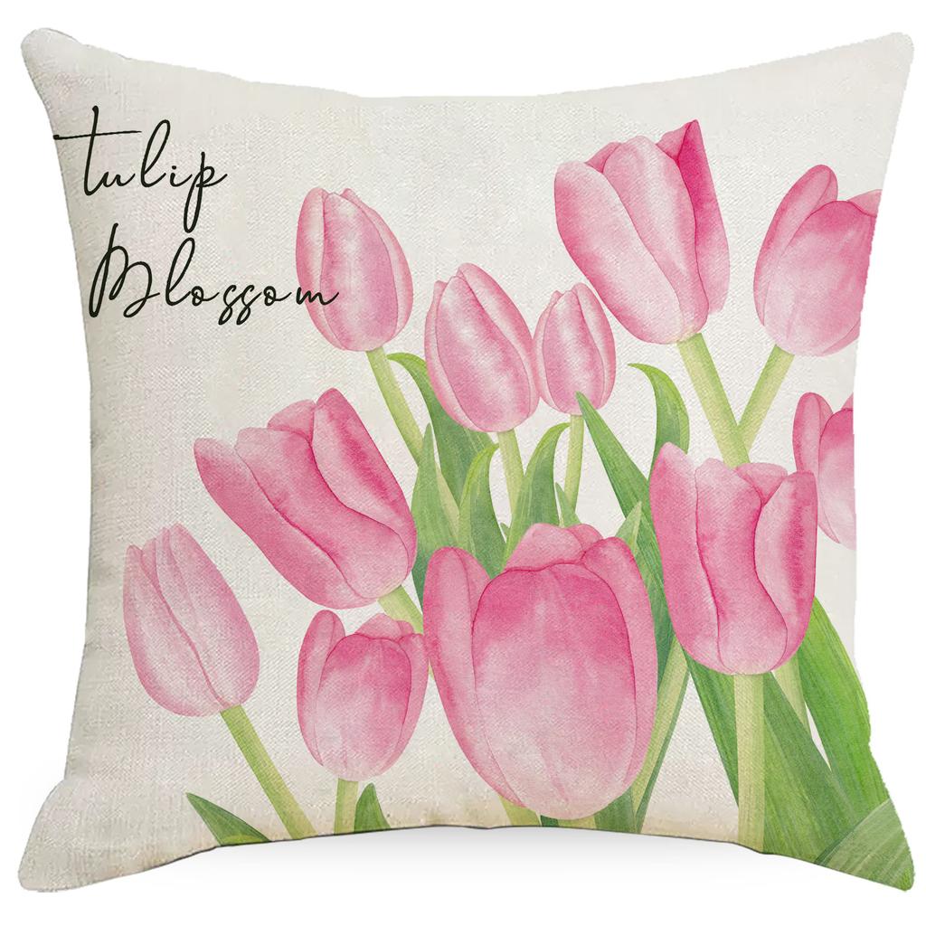 Pink Tulip Flowers Linen Print Pillowcase Spring and Summer Plant Flowers Sofa Pillow Bedside Pillowcase