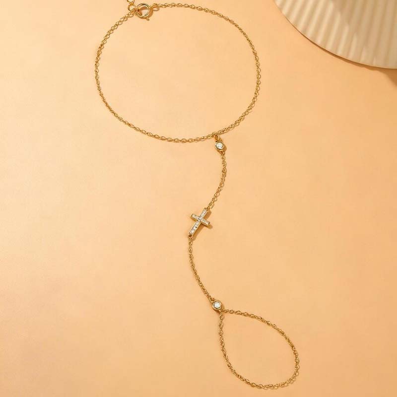 Fashion Metal Cross Finger Ring Bracelet for Women Exquisite Crystal Zircon Bead Link Chain Hand Bangles Wedding Jewelry Gift
