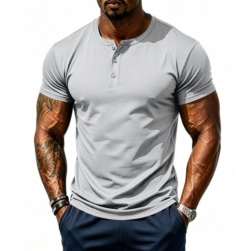 Men's Quick-dry Henley Collar Eyelet Fabric Short Sleeve T-shirt