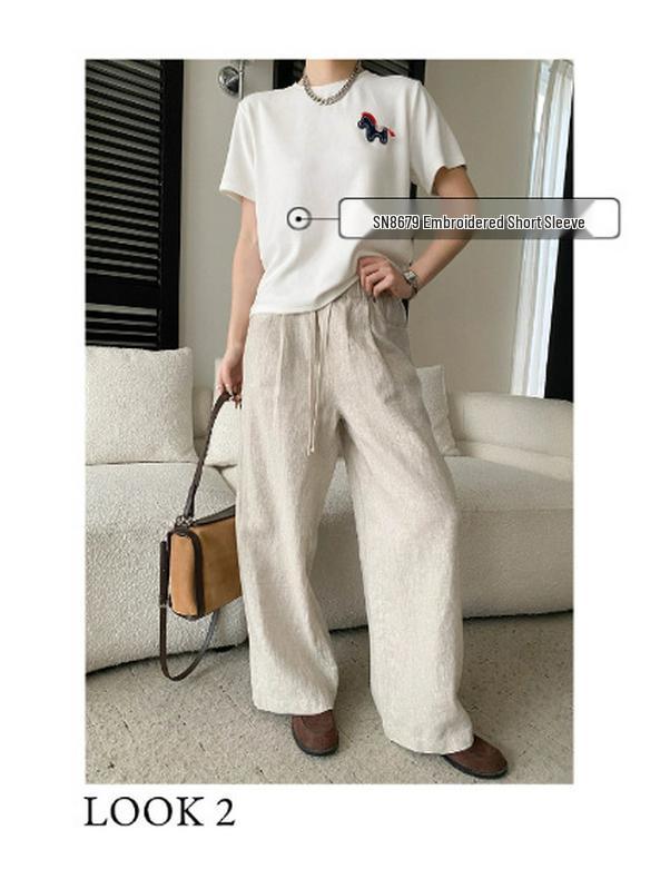 Sinan Tencel Linen Drawstring Wide-Leg Floor-Length Casual Pants SN8668