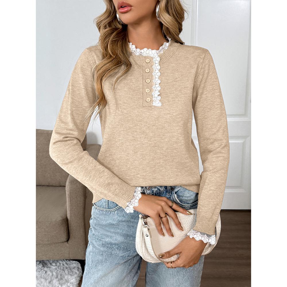 Women's Fall Long Sleeve Sweaters Lace Trim Mock Neck Cozy Trendy Knit Pullover Tops