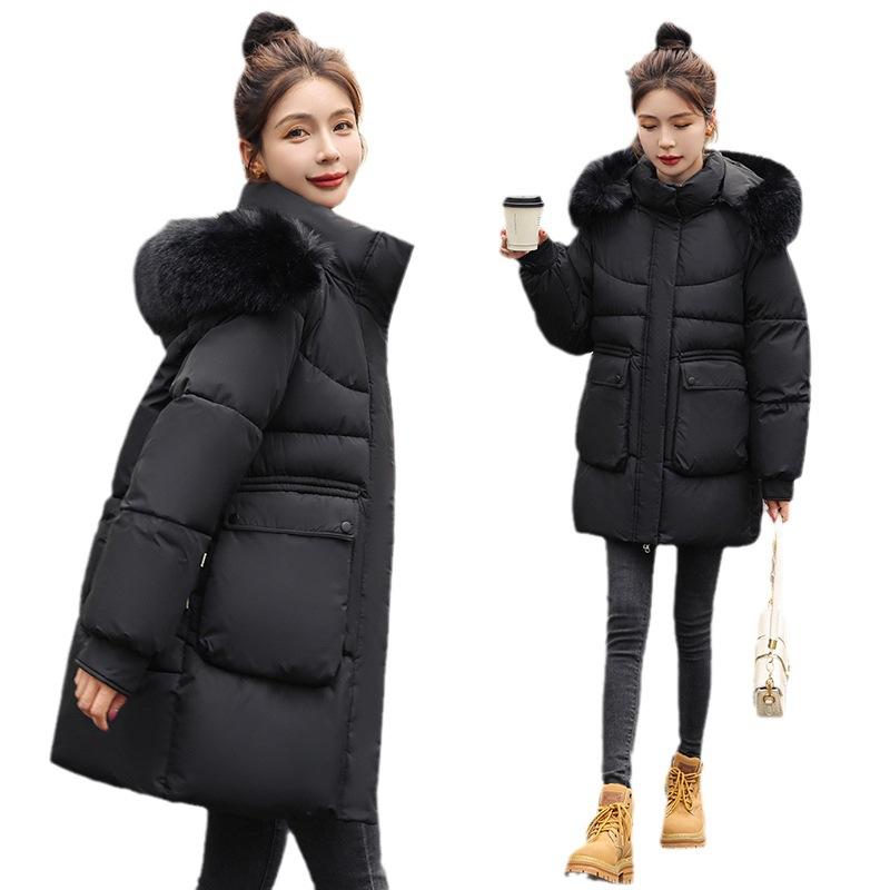 Winter Damen Mittellange Lockere Baumwollgepolsterte Jacke mit Großem Pelzkragen und Daunenjacke