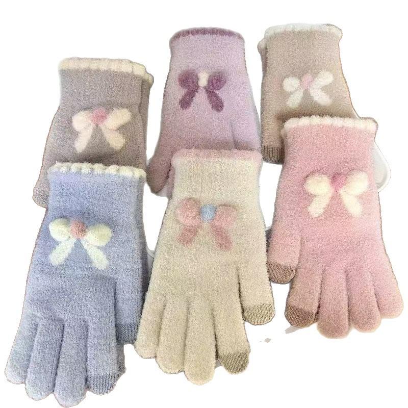 Touchscreen Knitted Gloves for Women  Autumn and Winter Knitted Yarn for Warmth Five Finger Cute Students