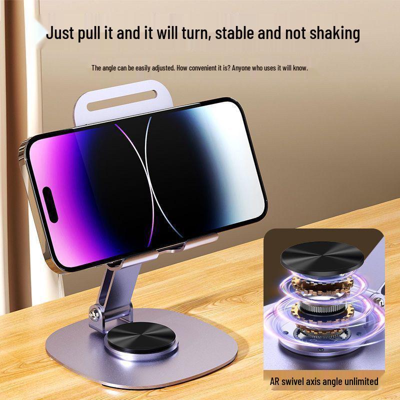 Universal All-Metal Rotating Phone and Tablet Stand with Foldable Design for Desktop Use During Live Streaming