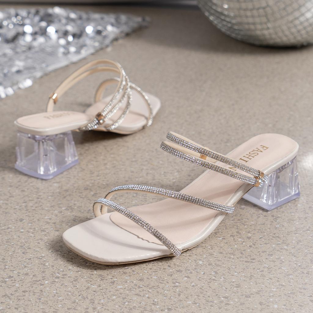 2025 summer new style one-word fashion women's large size square head thick high-heeled slippers