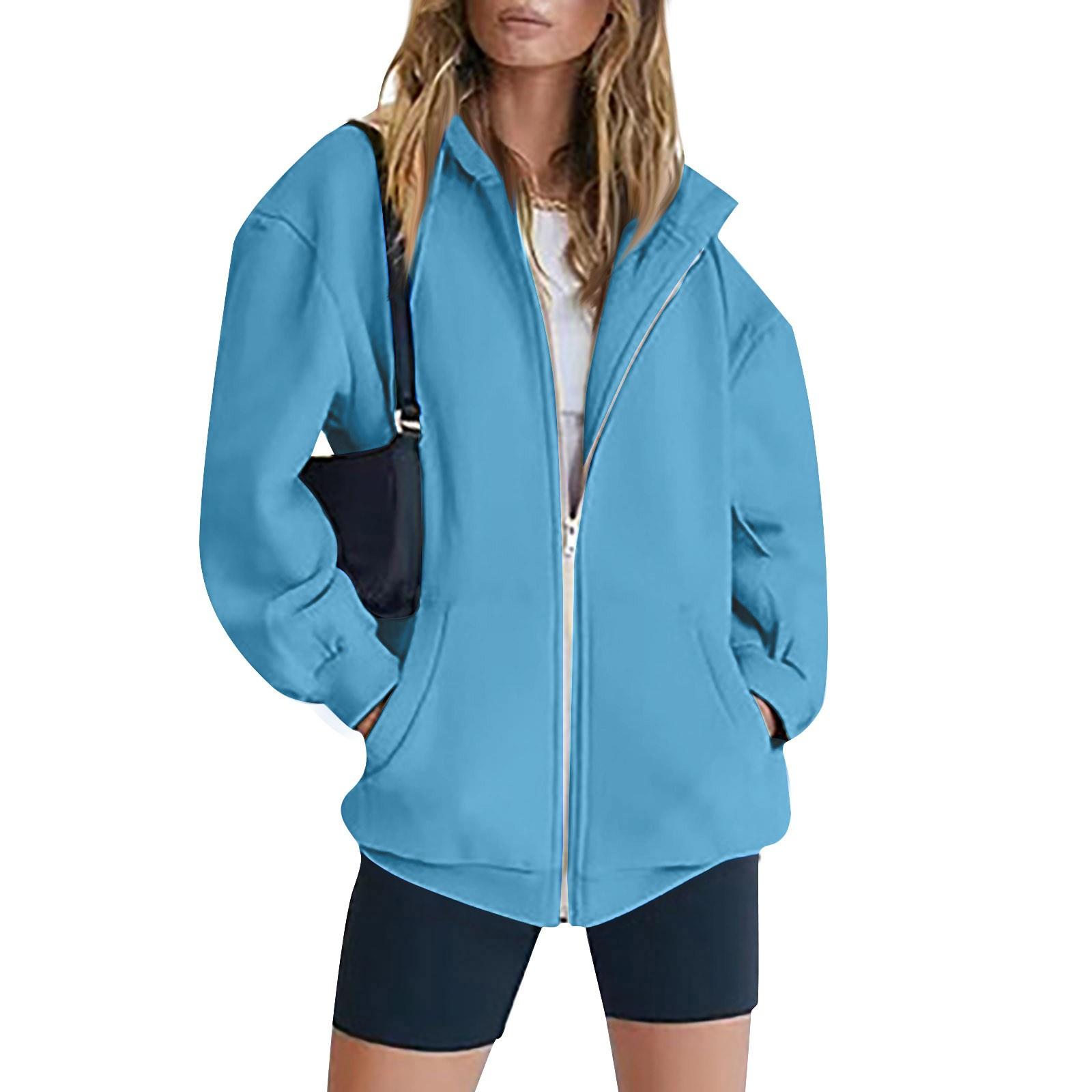 

Женская мода свободного покроя повседневное повседневное с длинными рукавами и молнией с капюшоном женское однотонное пальто XL светло-синий