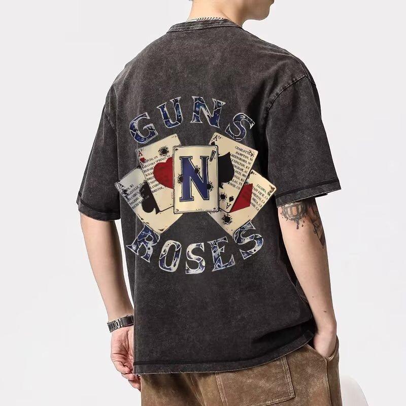 Street Style European and American Retro Poker Print Short Sleeve T-Shirt Couple Outfit Loose Summer Niche Top for Men