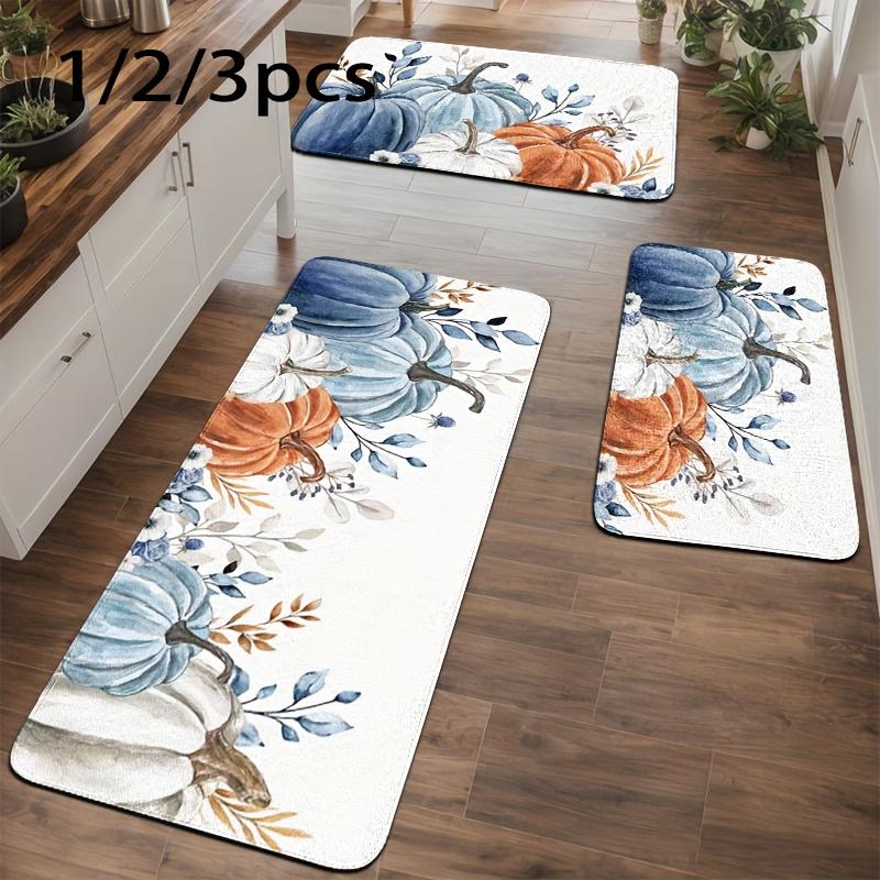 1Pcs Anti Fatigue Kitchen Rugs Blue Pumpkin Print Waterproof Non Slip Thick Cushioned Kitchen Mat Heavy Duty Comfort Standing