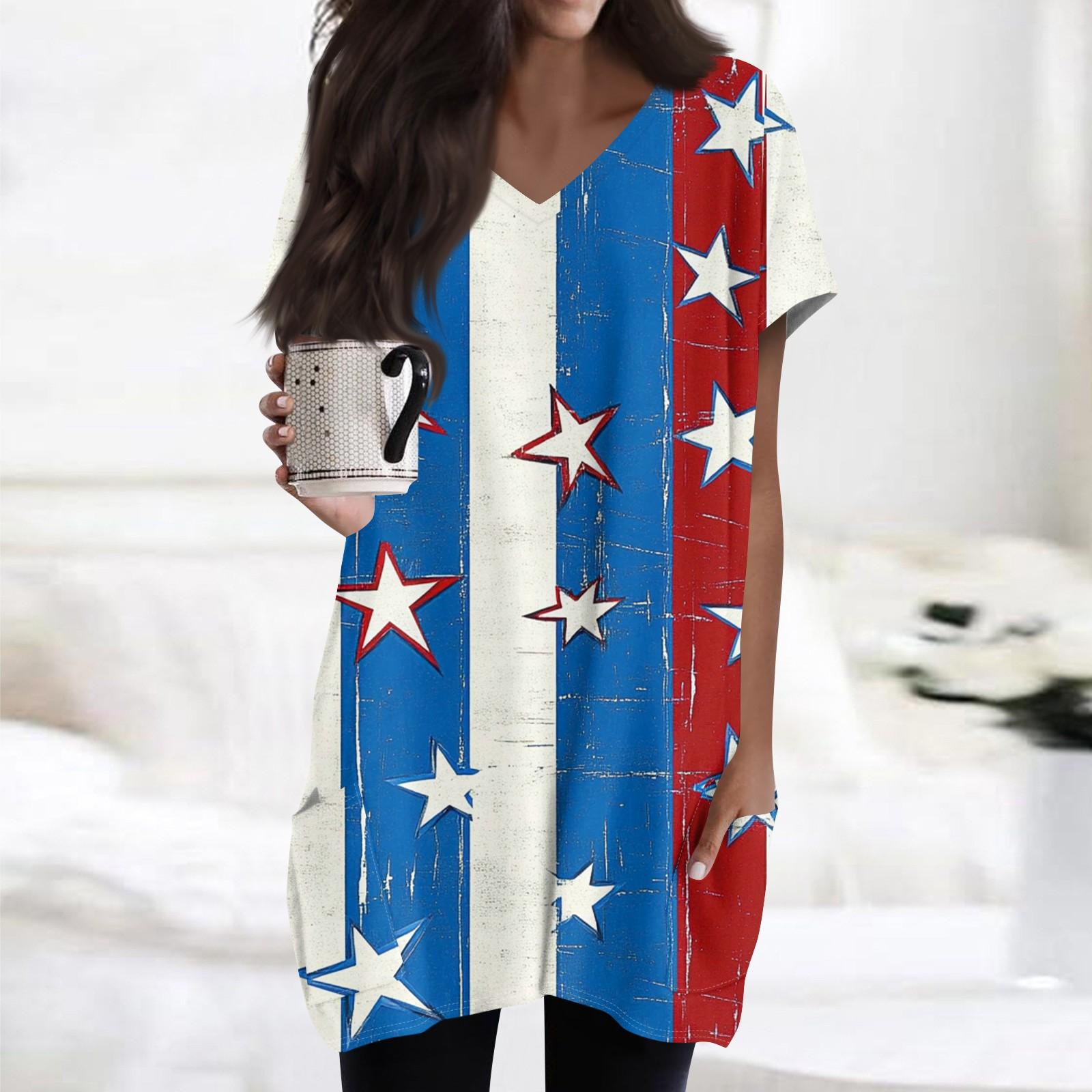 Women s Independence Day Flag Print V-Neck Midi Pocket Short Sleeve Top S синий