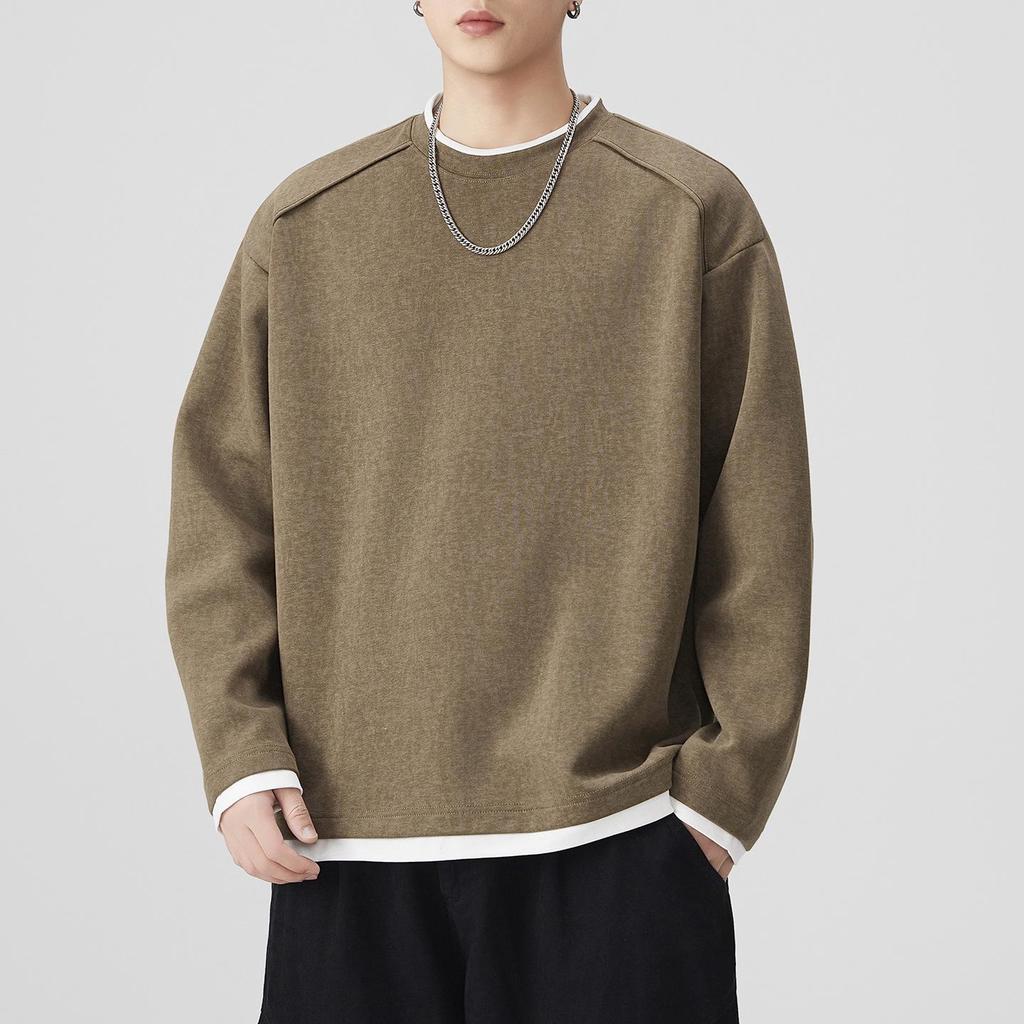 SH&Trend Men's Heavyweight 300g Round Neck Hoodie - Autumn/Winter Patchwork Long Sleeve Pullover