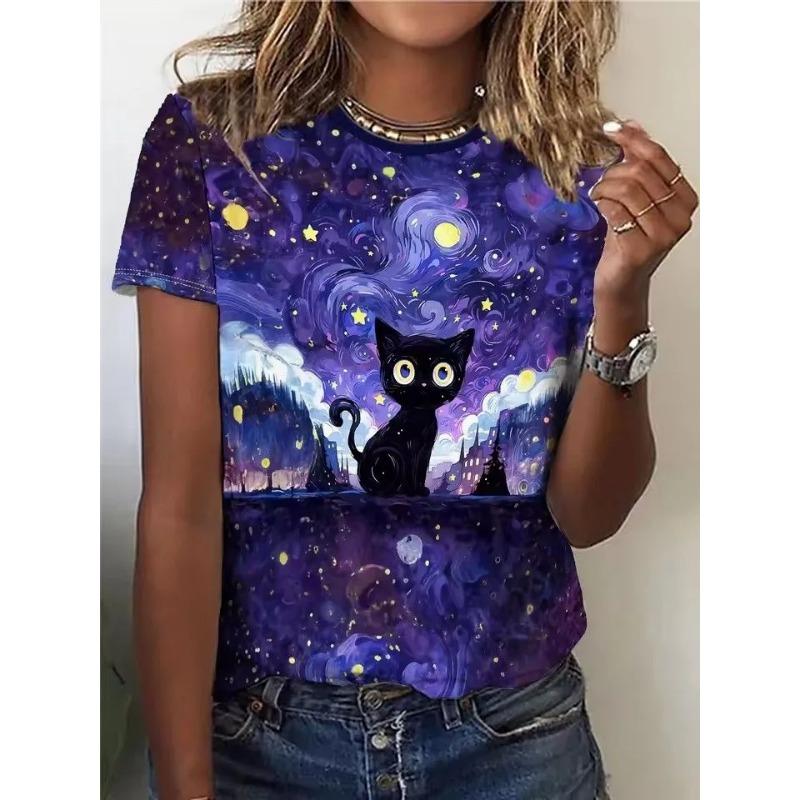 Summer Round Neck 3D Cute Cat Pattern Print Top Fashionable Casual Short Sleeved Women's T-shirts