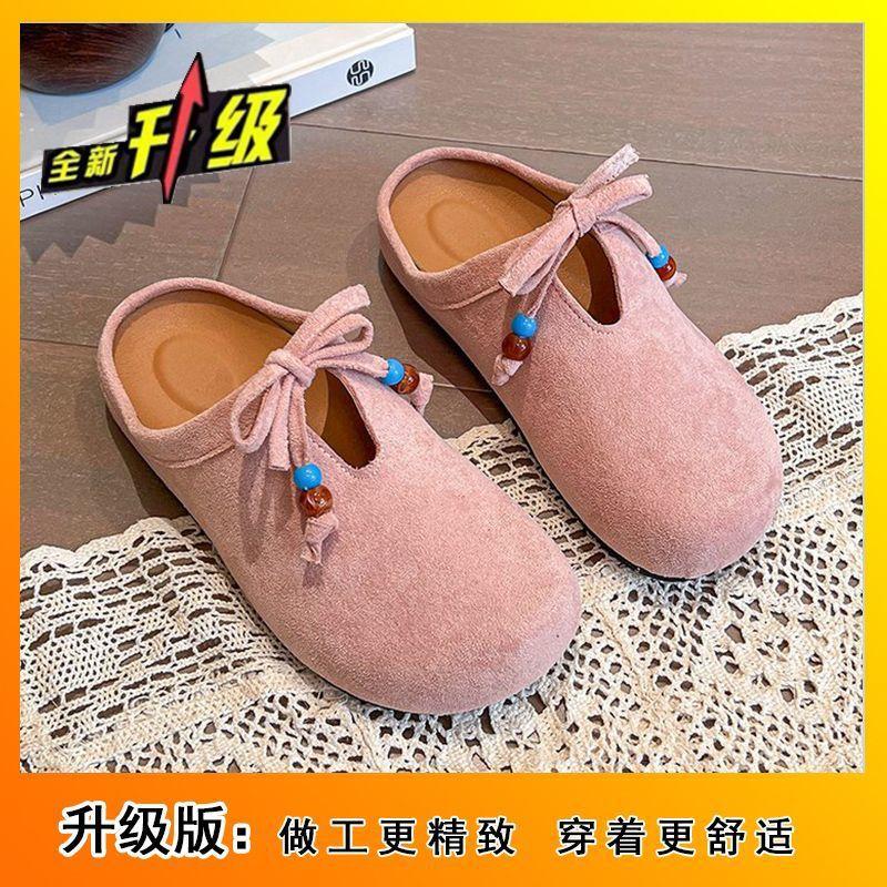 Bow soft bottom half slippers retro versatile flat bottom Boken bag head slippers women's 2025 spring and autumn new models