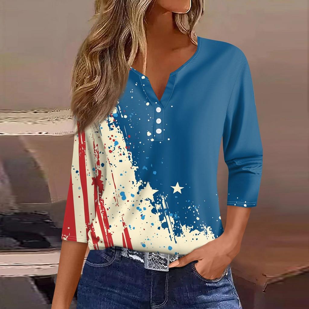 Dam T-shirt Tee Självständighetsdagen Tryckt Knapp 3/4 Ärm Tunika Vardag Helg Mode Grundläggande V-ringning Normal Topp
