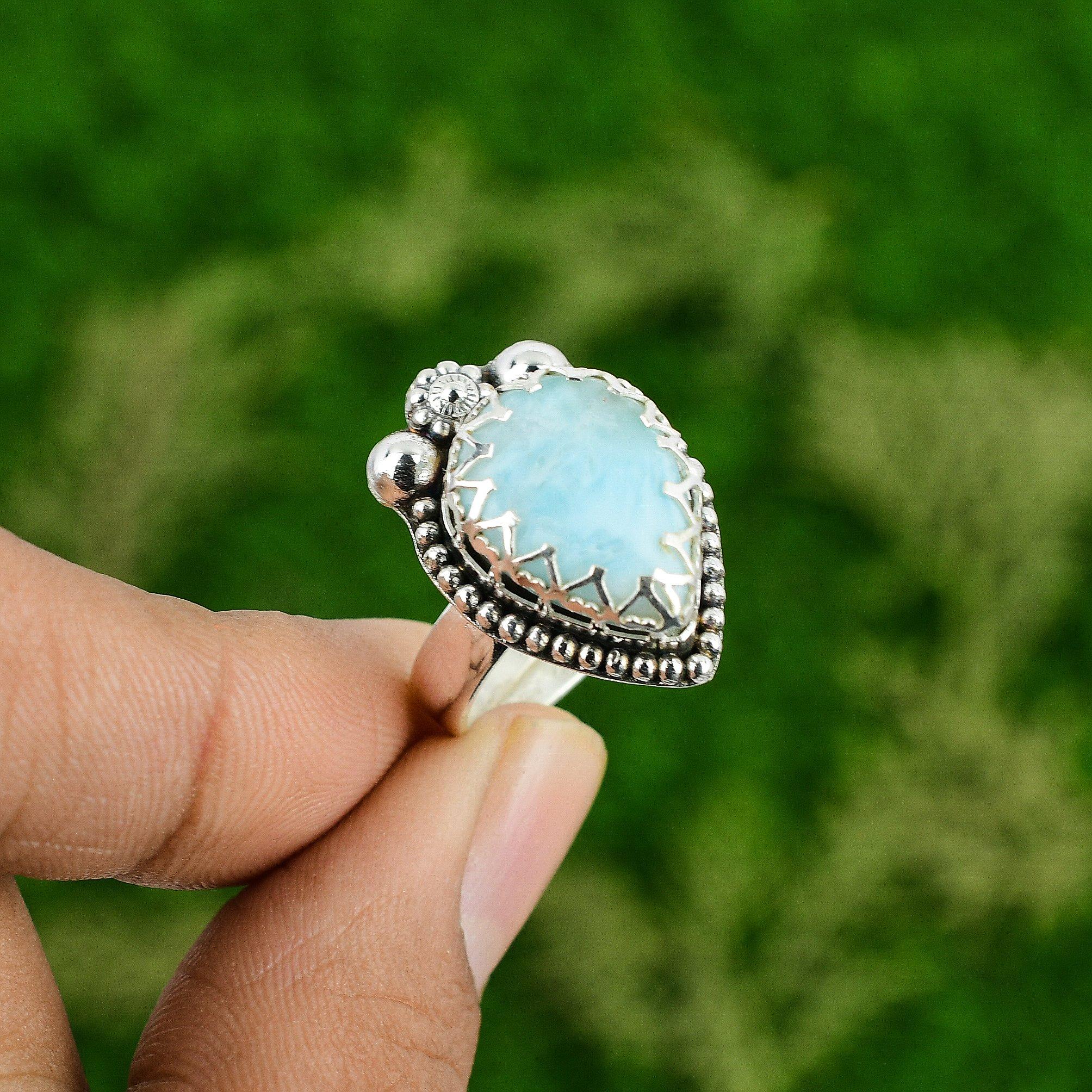 

925 Sterling Silver Pear Natural Larimar Mother Statement Bezel Anniversary Ring Adjustable
