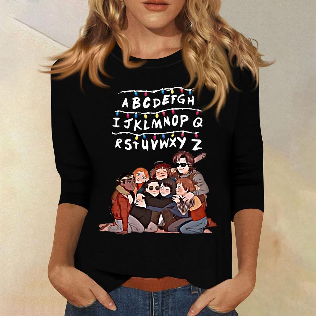 Bluze cu mânecă 3/4 pentru femei Tricou Casual Topuri cu imprimeu Tricou Gât rotund Pulover Bluză