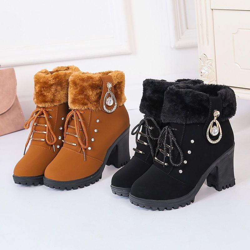 Women's Platform High Heels Snow Boots Women Fur Warm Flip Winter Lady Ankle Boots Fashion Casual Cozy Short Boots Zapatos Mujer