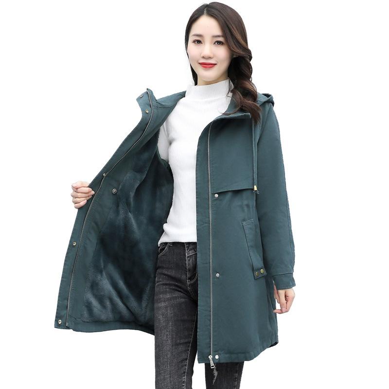 Women's Winter Solid Color Mid-length Temperament Jacket Thickened Warm Hooded Zipper Jacket