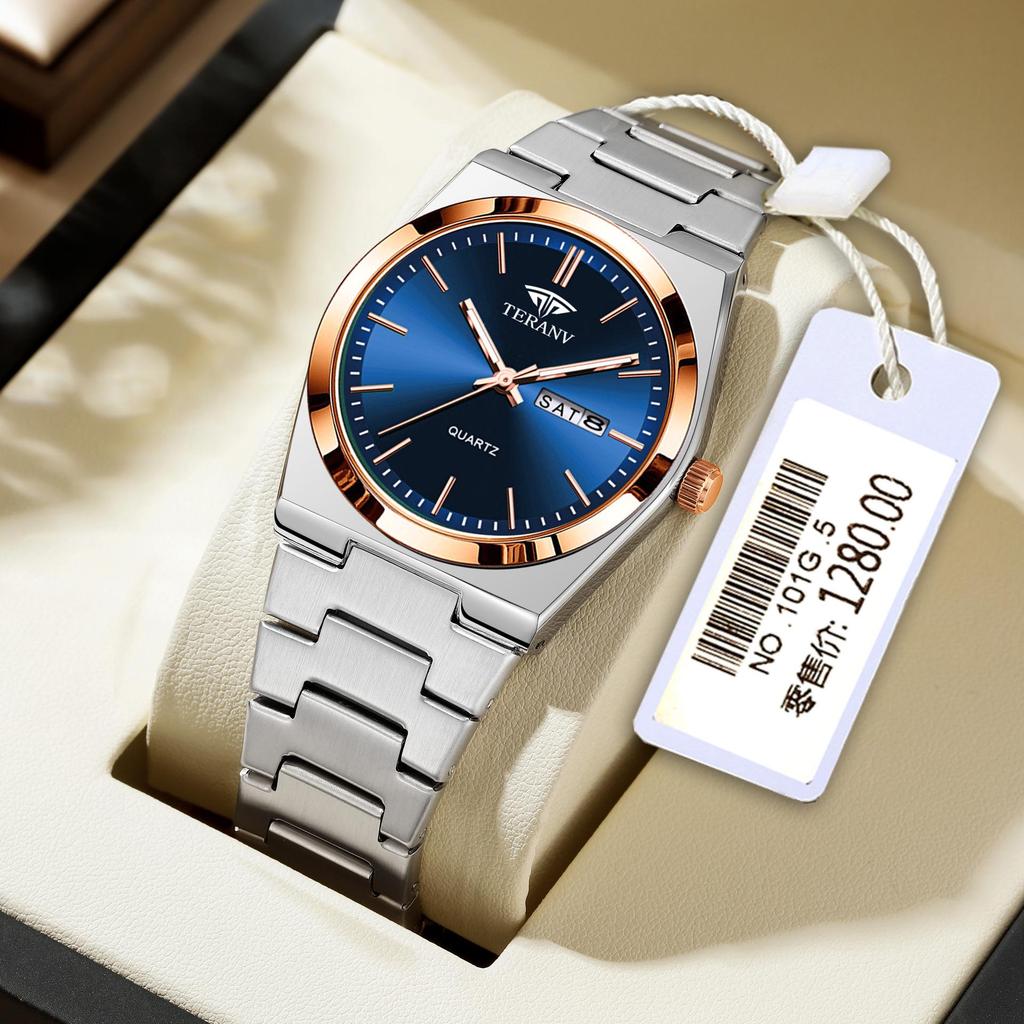 Men's Ultra-Thin Luminous Quartz Watch with Steel Band and Double Calendar, Waterproof.