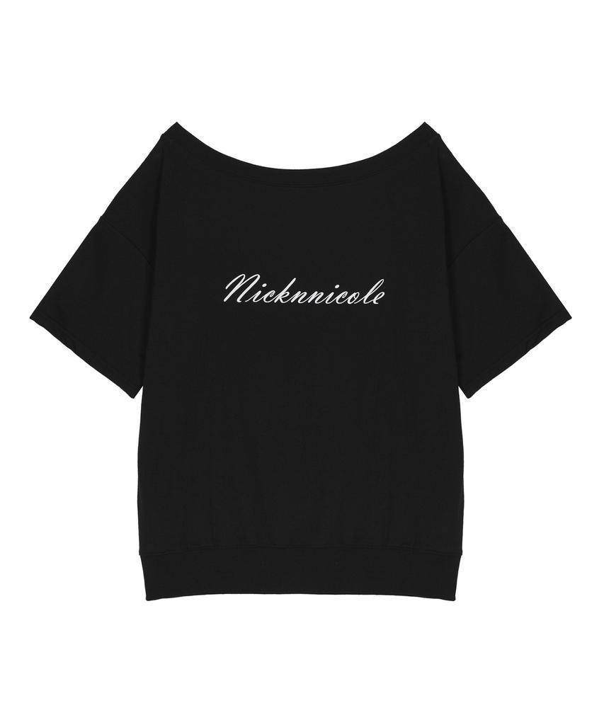 Nigaennikol Off Shoulder Lettering Sweat Top_Black