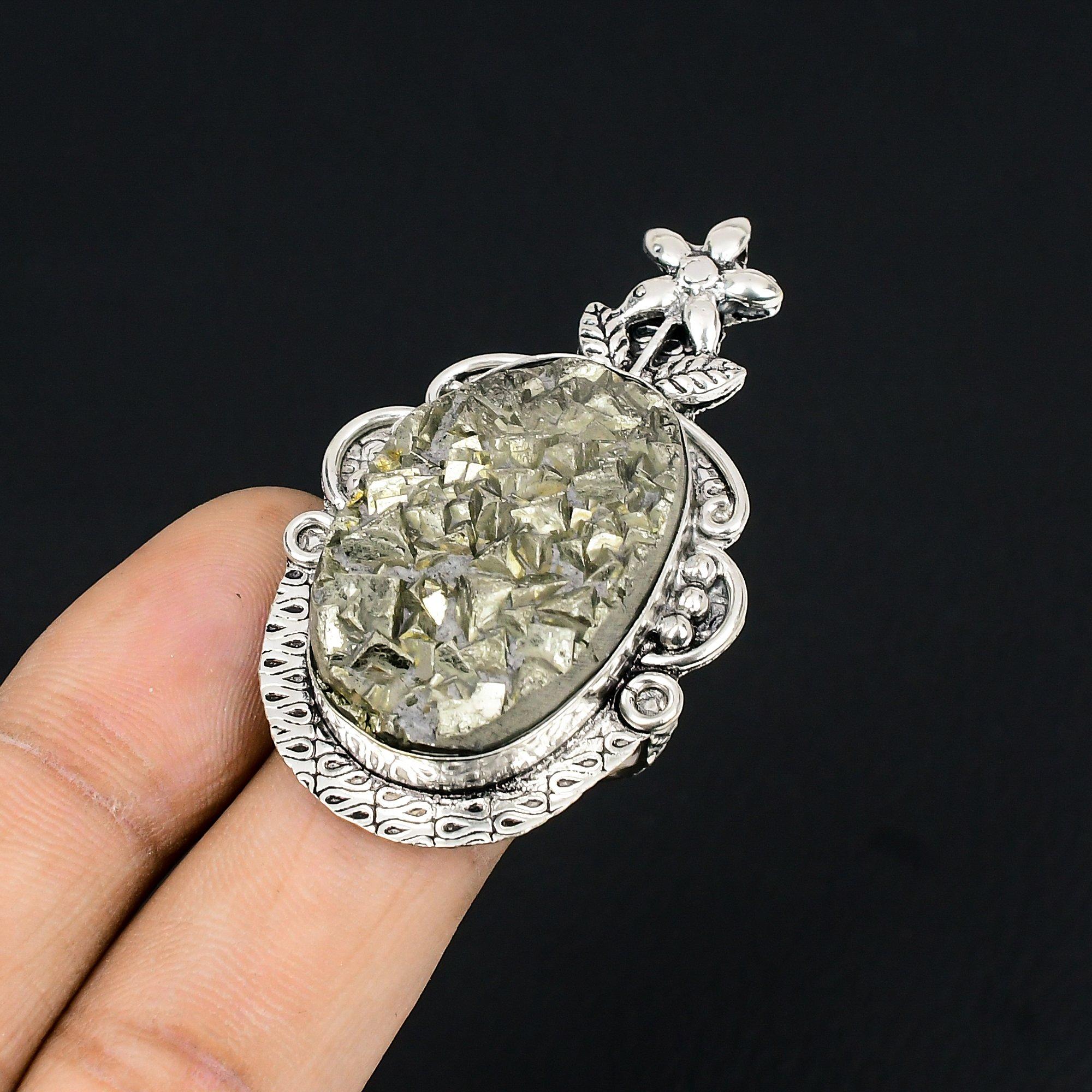 Натуральный пирит друза 925 пробы Кольцо-цветок штабелируемое Размер 8.5 Для девочек 8.5