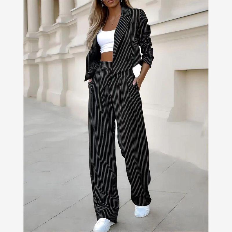 

Temperament Stripe Short Lapel Suit Straight Pants Set Women Casual Suit Pants Set Black XL