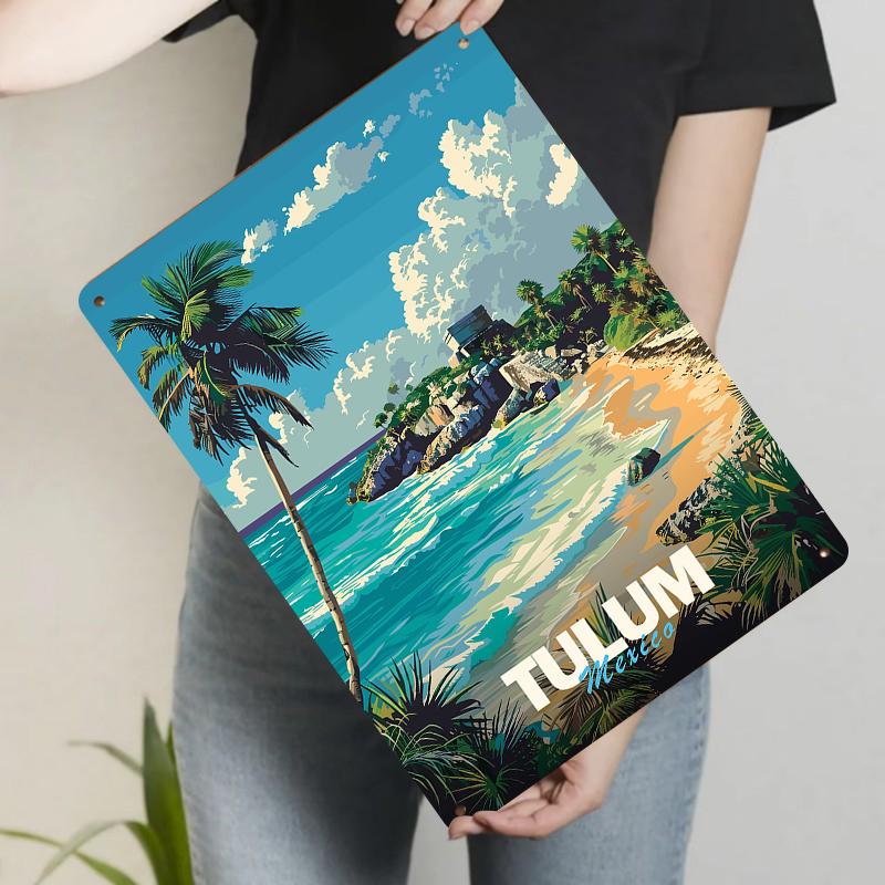 Tulum Mexico Beach Temple Metal Wall Art Coastal Maya Ruins Home Decor Tropical Ocean Landscape Painting 20x30cm（7.8x11.8inch）