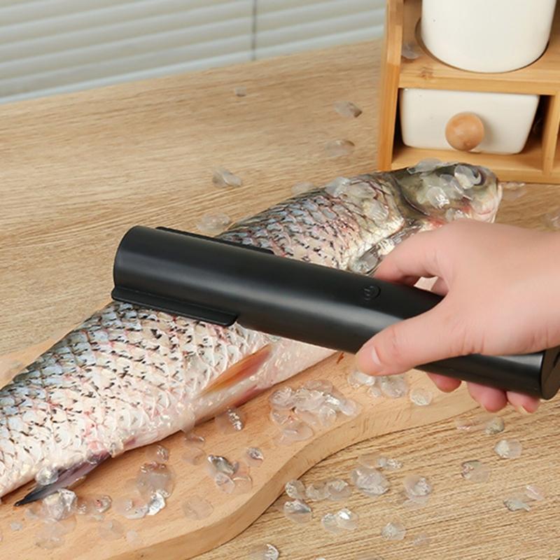 Battery-Operated Fish Descaling Tool with Covered Metal Blade, Textured Handle, and Reverse Control for Restaurant Kitchen Fish Preparation