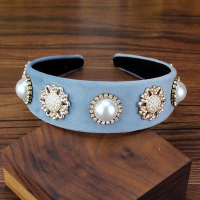 Handmade Simple Crystal and Pearl Light Blue Hairband Wide Velvet Headband for Girls Women Fashion Hair Accessories