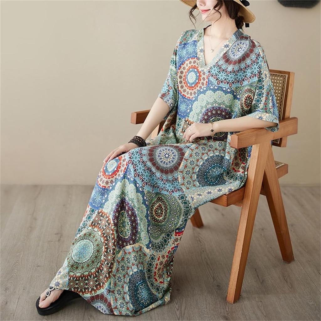 Sommer Maxikleid Lang Übergröße Retro Floral Ethnisch Maxikleid Locker Elegant Einheitsgröße Passt [Mohokyo] Damenkleid, Kleid, V-Ausschnitt, Größe, Druck, Tunika, Länge,