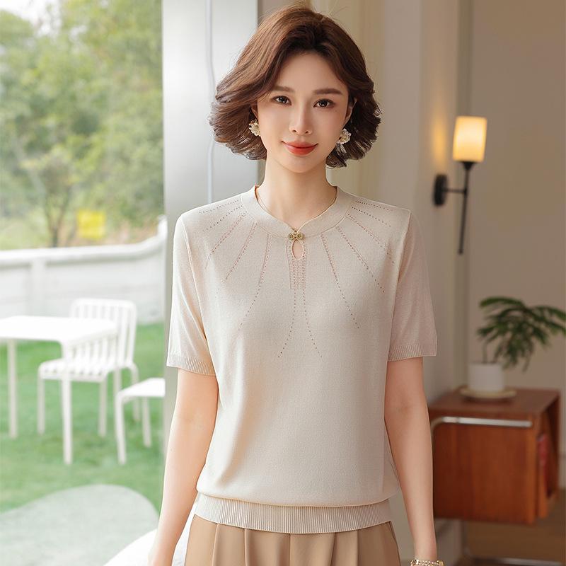 2026 Eis Seide Kurzarm T-Shirt für Frauen mittleren und höheren Alters, Sommer Mode Rundhals Strickware