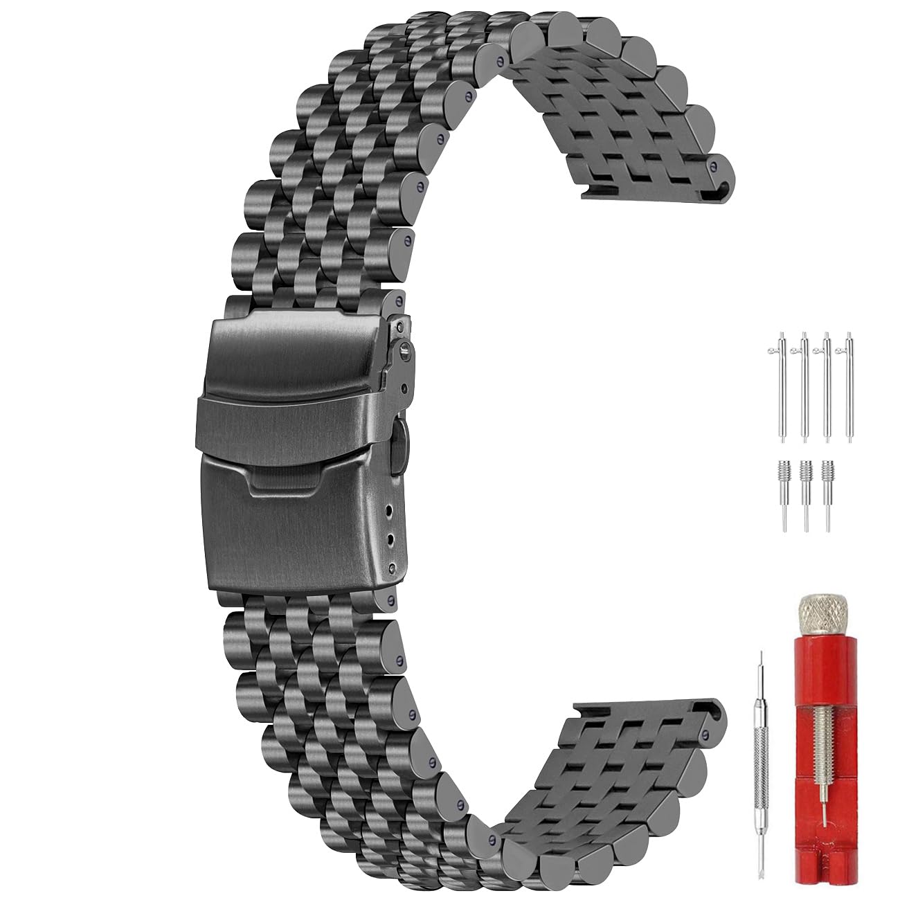 [Kai Tian] 22mm Metal Watch Band, Matte Black Stainless Steel 8-Link Watch Band for Men and Women