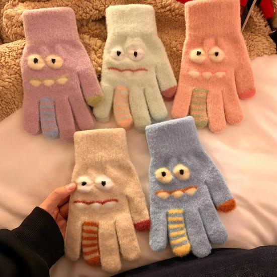 1 Pair Knitted Gloves Flexible Five-finger Thickened Winter Gloves Touch Screen Cute Big Mouth Warm Gloves Student Gloves for Cold Weather