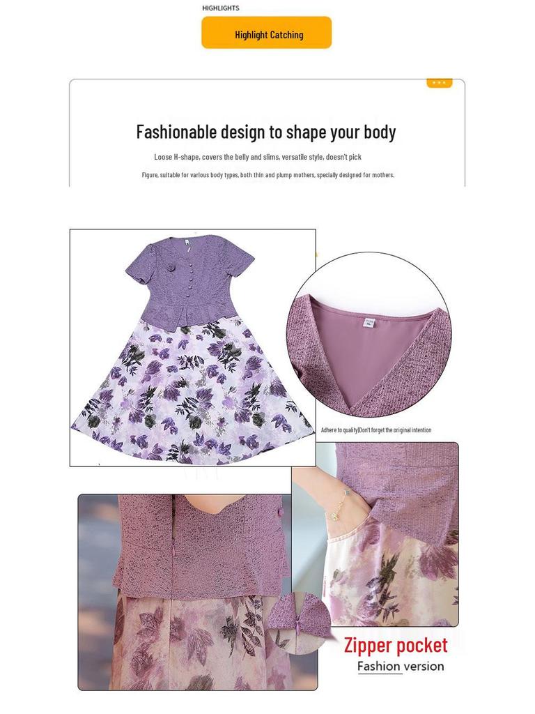 2025 Summer Slimming Short-Sleeve Midi Dress for Middle-Aged & Elderly Women