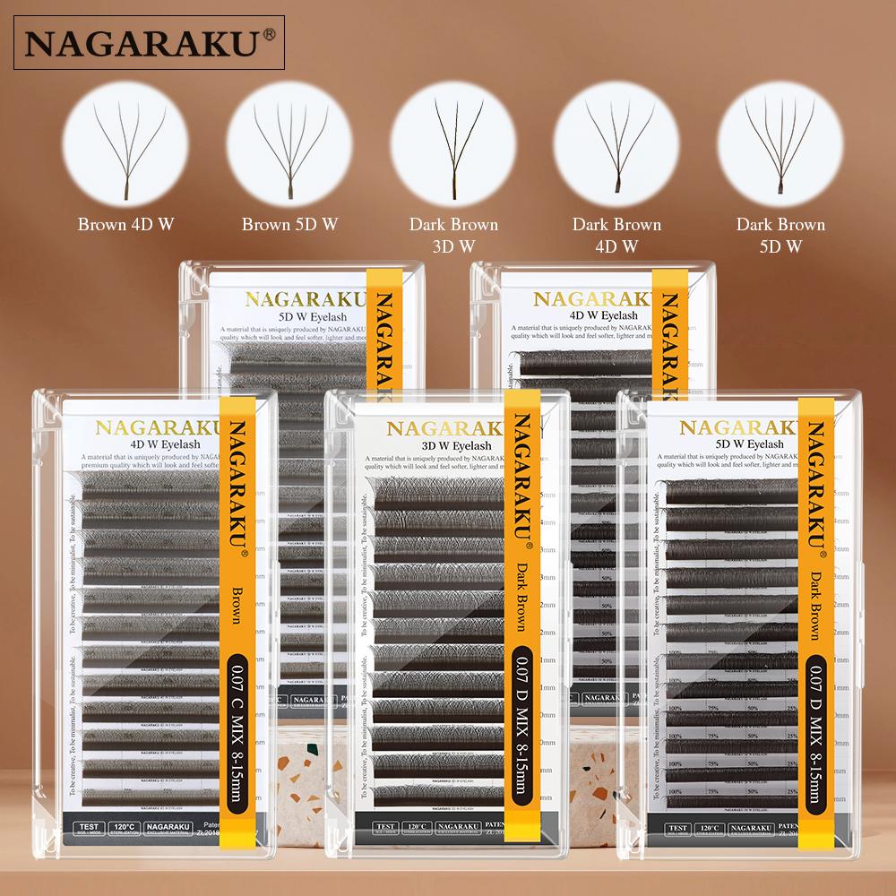 NAGARAKU Castanho Castanho Escuro 3D/4D/5D Forma W Ventiladores Pré-feitos Ondulados à Mão Extensões de Pestanas Pestanas Completas Naturais Suaves Leves Fosco Densos