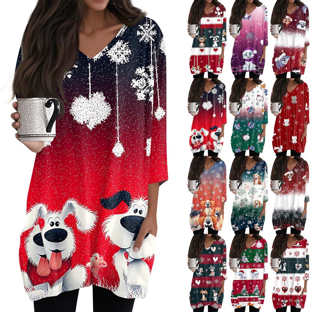 Damebluser med V-hals og 3/4-ermer, avslappede mellomlange skjorter, moteriktige tunikatopper med juleprint og lommer