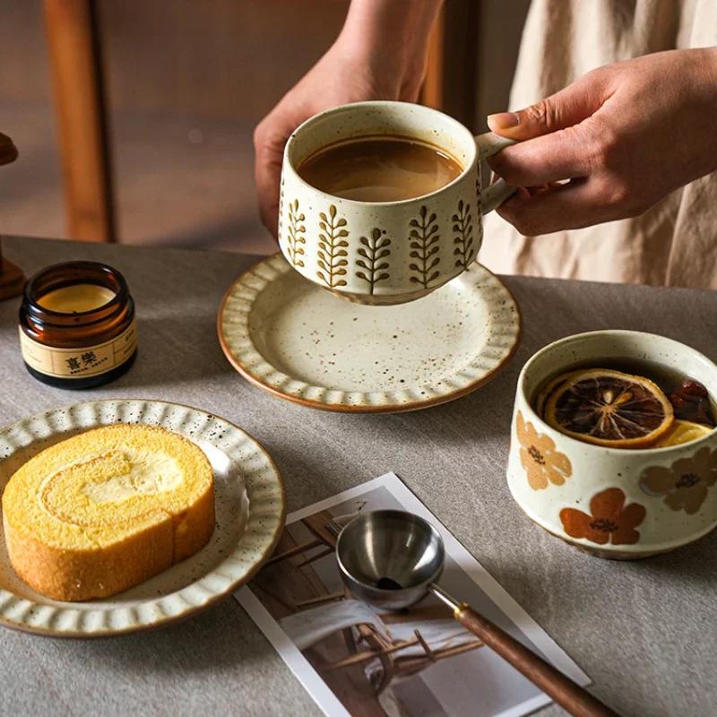 High-class Sense of Retro Coffee Cups and Saucers Set of Creative Rough Pottery Flower Cups Household High-grade Exquisite Mugs