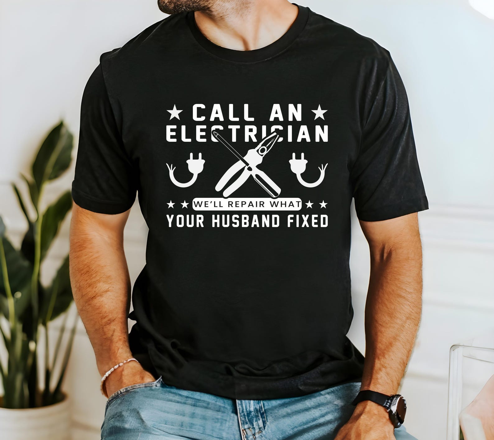 Funny Electrician T-Shirt: Husband Fixed It Humor S