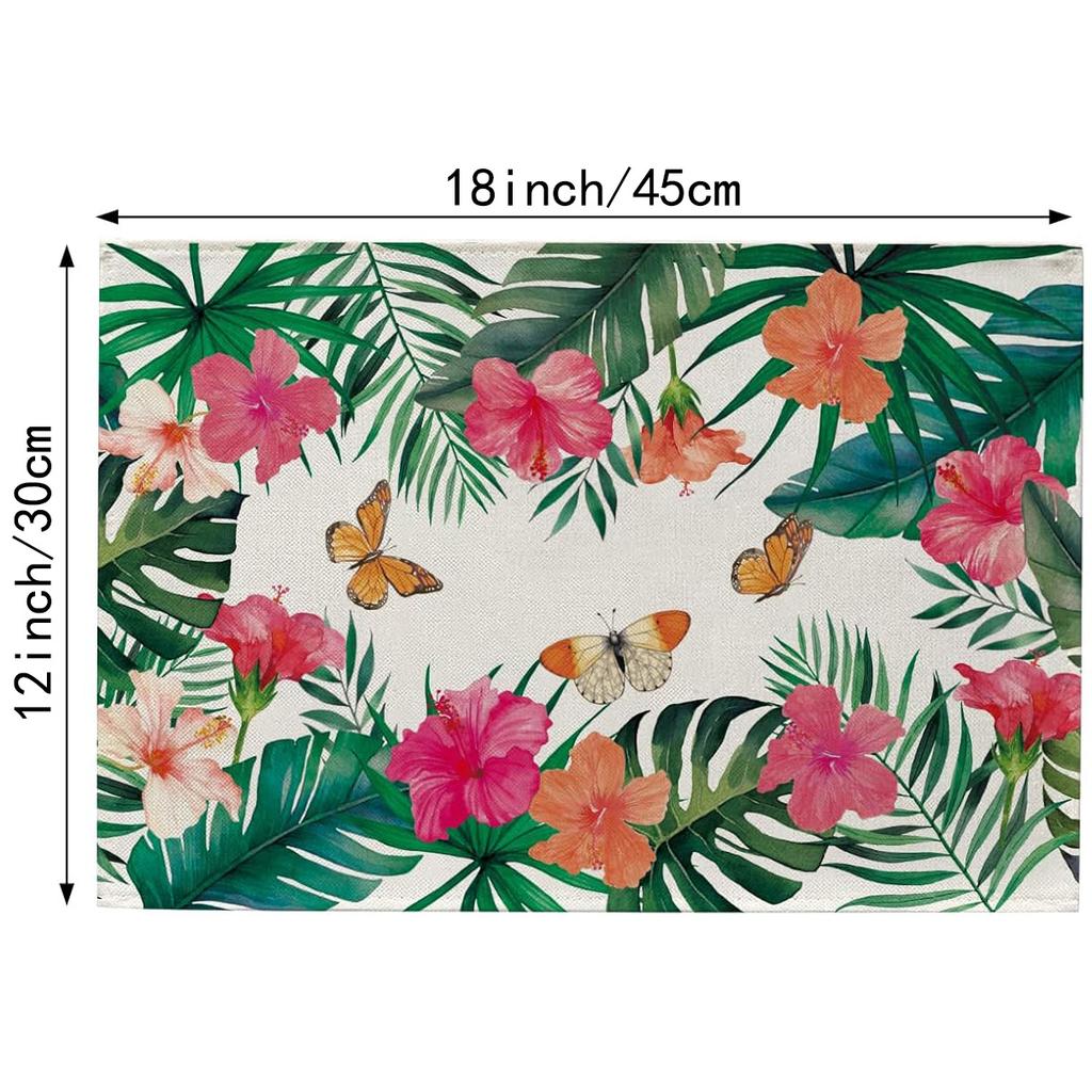 4/6pcs Tropical Plants Hibiscus Flower Table Mats, Spring And Summer Floral Palm Leaves Monstera Butterfly Dining Place Mats for Table Decoration, Haw
