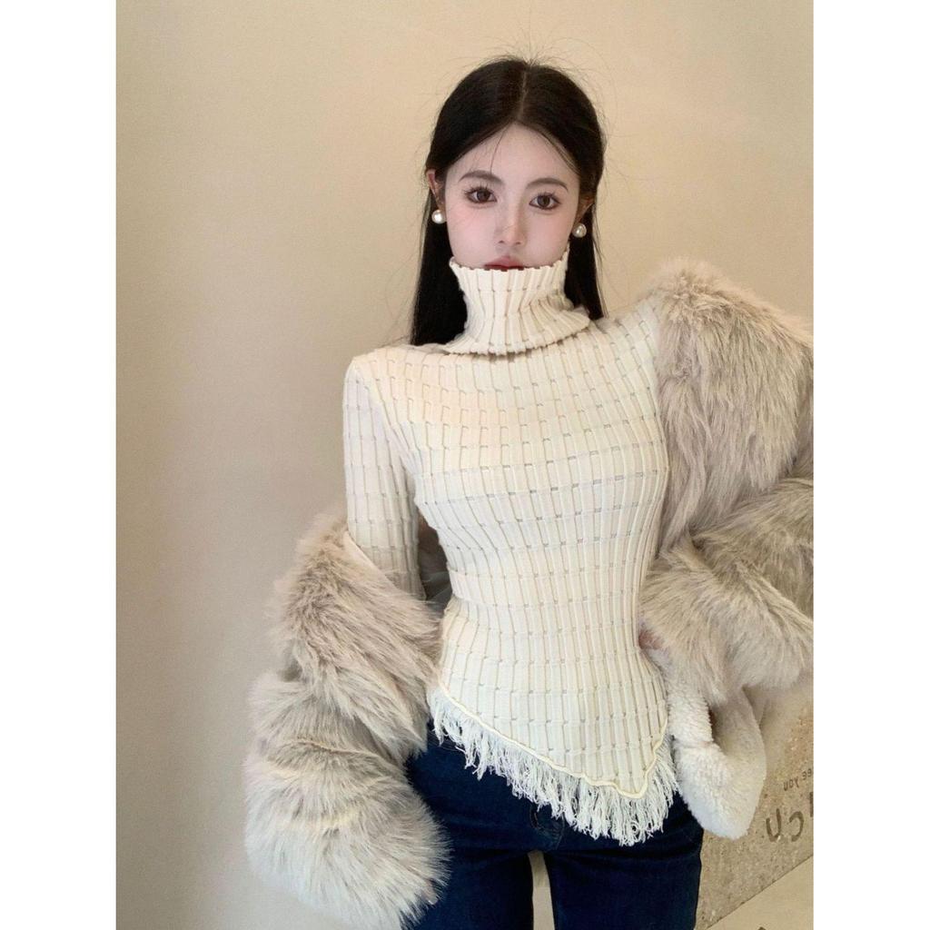 Women's Slim Fit High Neck Knitted Fringe Sweater - Winter Fashion Long Sleeve Pullover