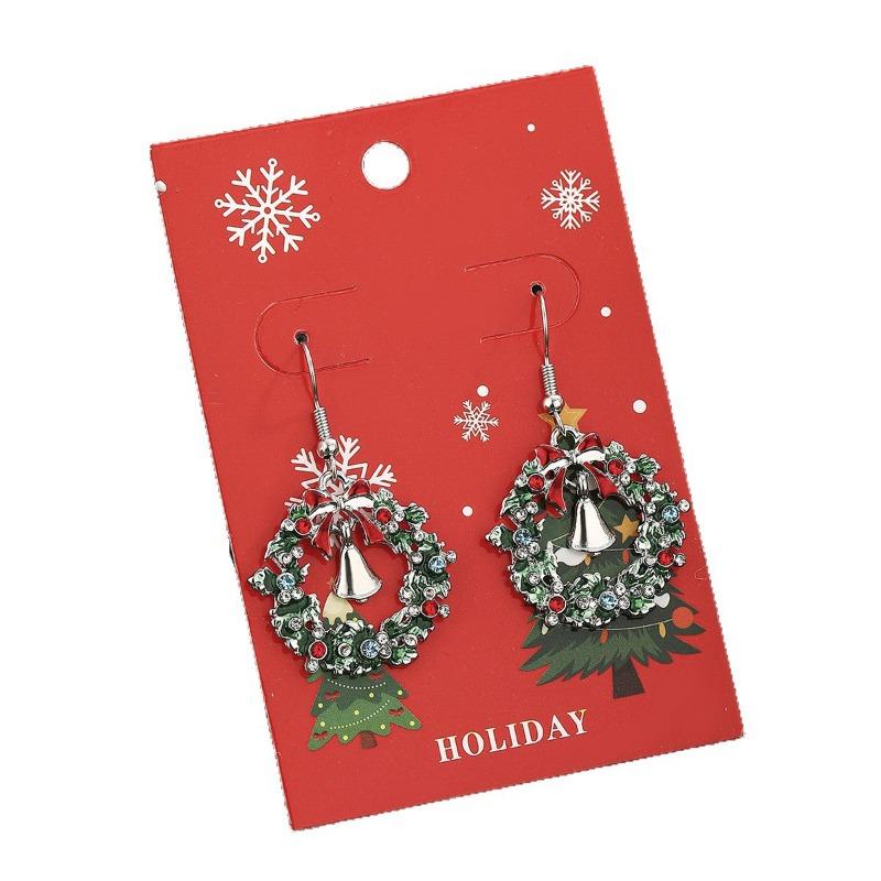 Christmas wreath stud earrings green diamond earrings rhinestone bells ear hooks bow earrings
