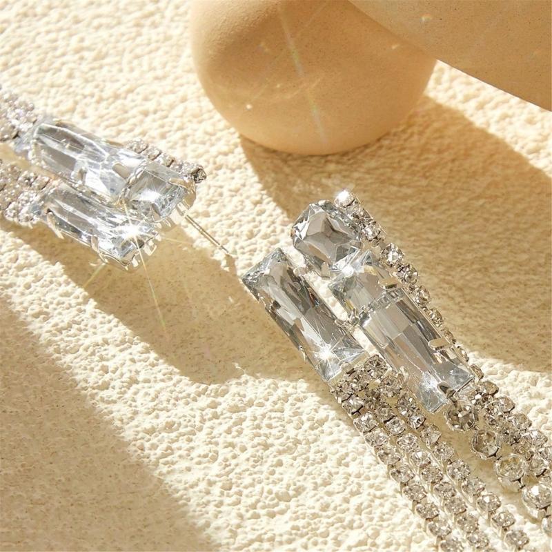 Long Crystal Fringe Earrings Slimming Design for Round Faces Sparkling Crystals for Parties Daily Wear Comfortable
