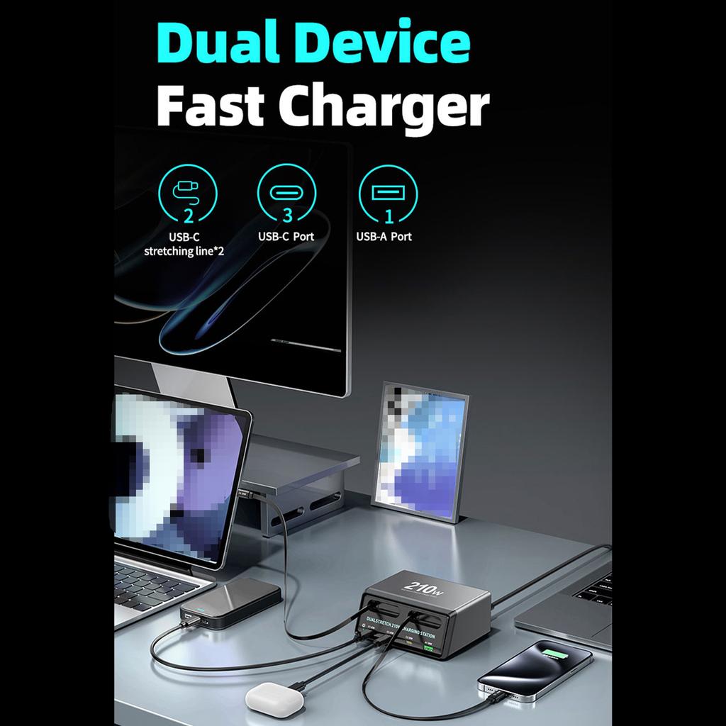 210W 6 Port Desktop Charger with 2 Retractable Type C Cables Multi Port Fast Charging GaN Technology Smart Power