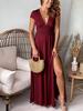 Women's Deep V-neck Short-sleeved Long Dress, Pleated High-waisted Split Club Party Evening Dress, Solid Color Dress