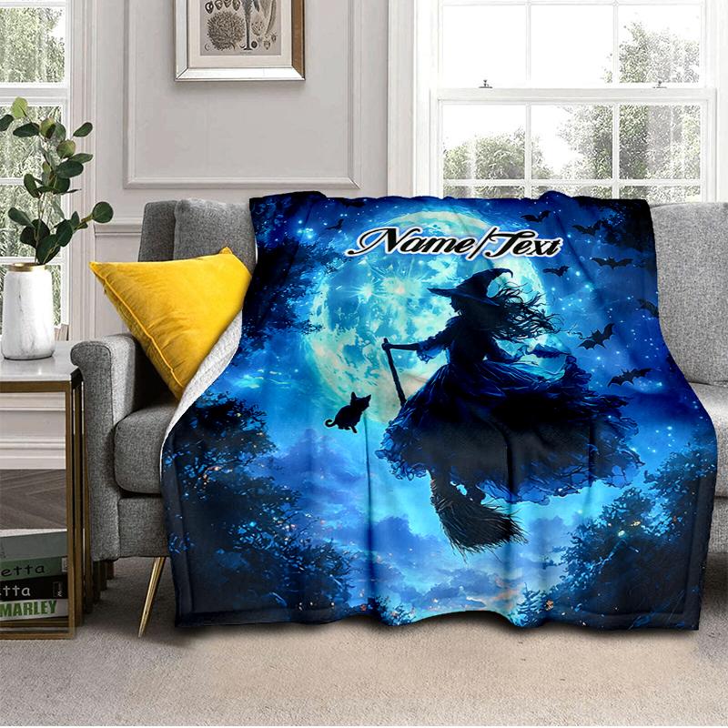 1PC Custom Name Moonlit Witch's Flight Outdooor Flannel Blankets Throw Blanket All-Season Throw Gift Bedspread for Couch, Bed, Camping Holiday Birthda