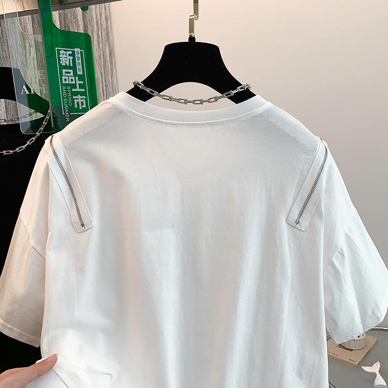 DIMANAF 2024 Women T-Shirt Zipper Female Solid O-Neck Cotton Loose Short Sleeve Tops&Tees