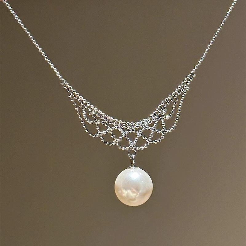 

Exquisite round beads chains lace crafts pearl pendant necklace pink fashion light luxury white crystal collar chain jewelry 45cm серебряный