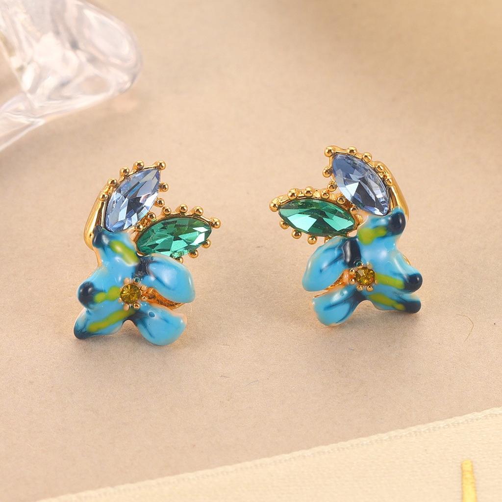 Mini kolczyki kwiatowe proste nowe kolczyki kolor emaliowany kropla oleju diament trójwymiarowe słodki temperament kolczyki